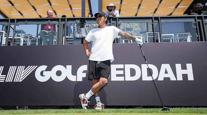 Anthony Kim prepares to play the first hole during the pro-am before the start of LIV Golf Jeddah at the Royal Greens Golf & Country Club on Thursday, Feb. 29, 2024 in King Abdullah Economic City, Saudi Arabia.